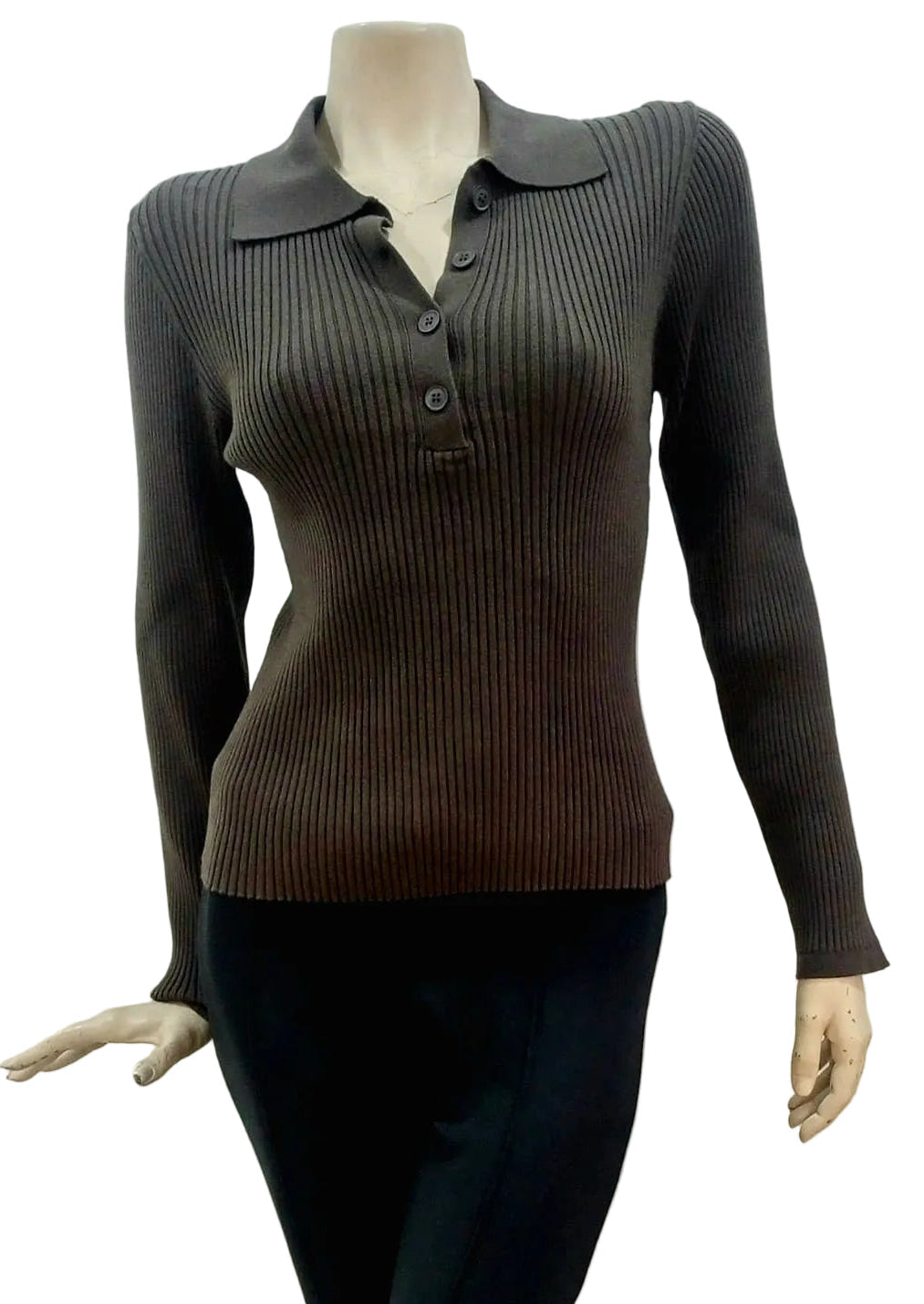 Chocolate brown ribbed sweater with collar on a mannequin against a white background