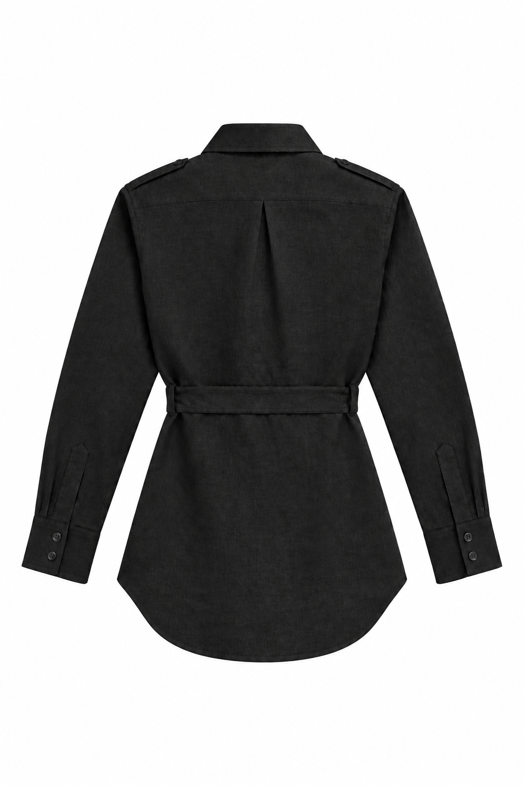 A black long-sleeve belted shirt jacket shown from the back, featuring shoulder epaulets and a buttoned cuff design, set against a plain white background.