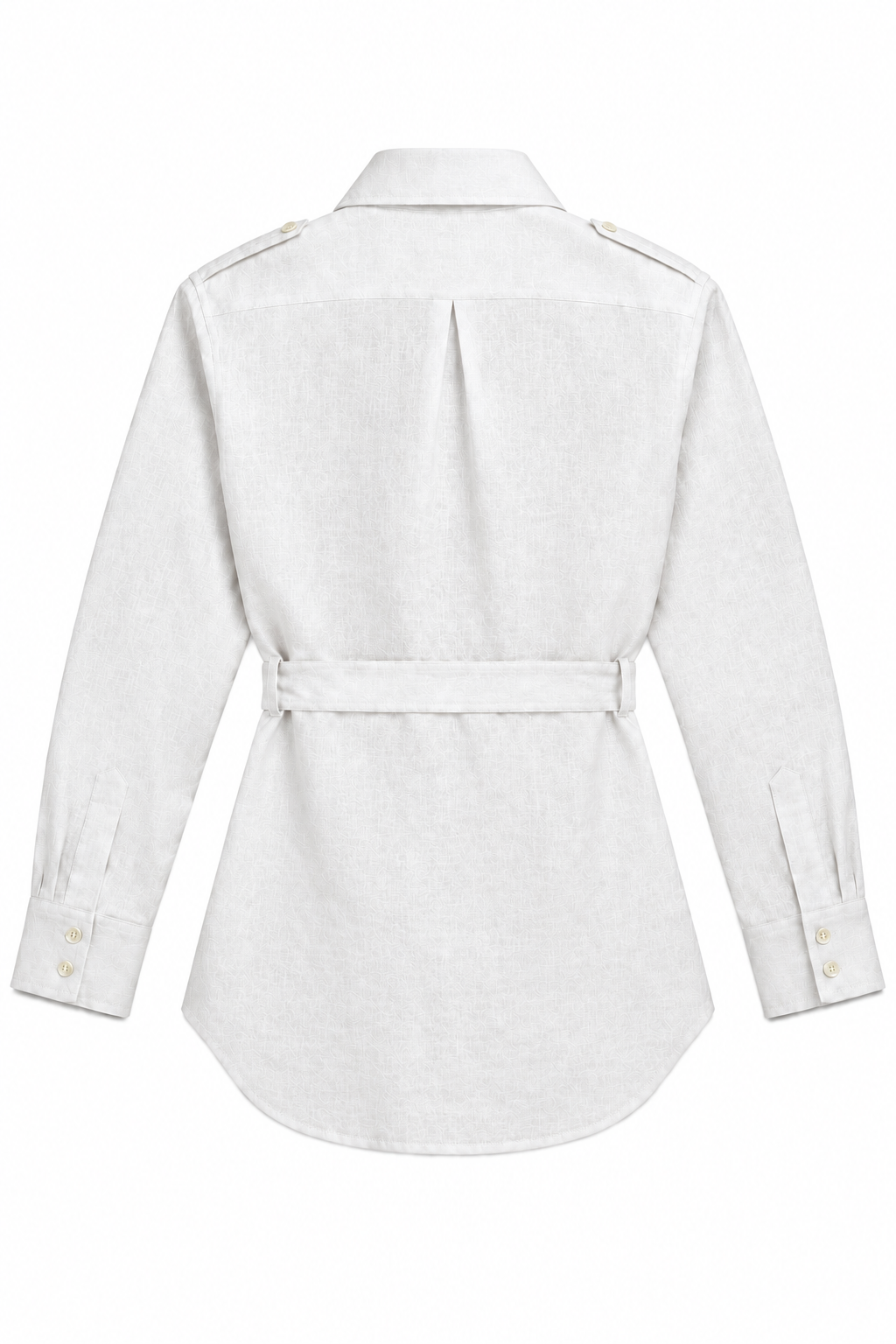 A white long-sleeve shirt jacket shown from the back, featuring a matching waist belt, shoulder epaulets, and buttoned cuffs.