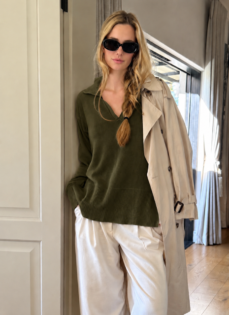Johnny Collar Pure Cotton Top Olive