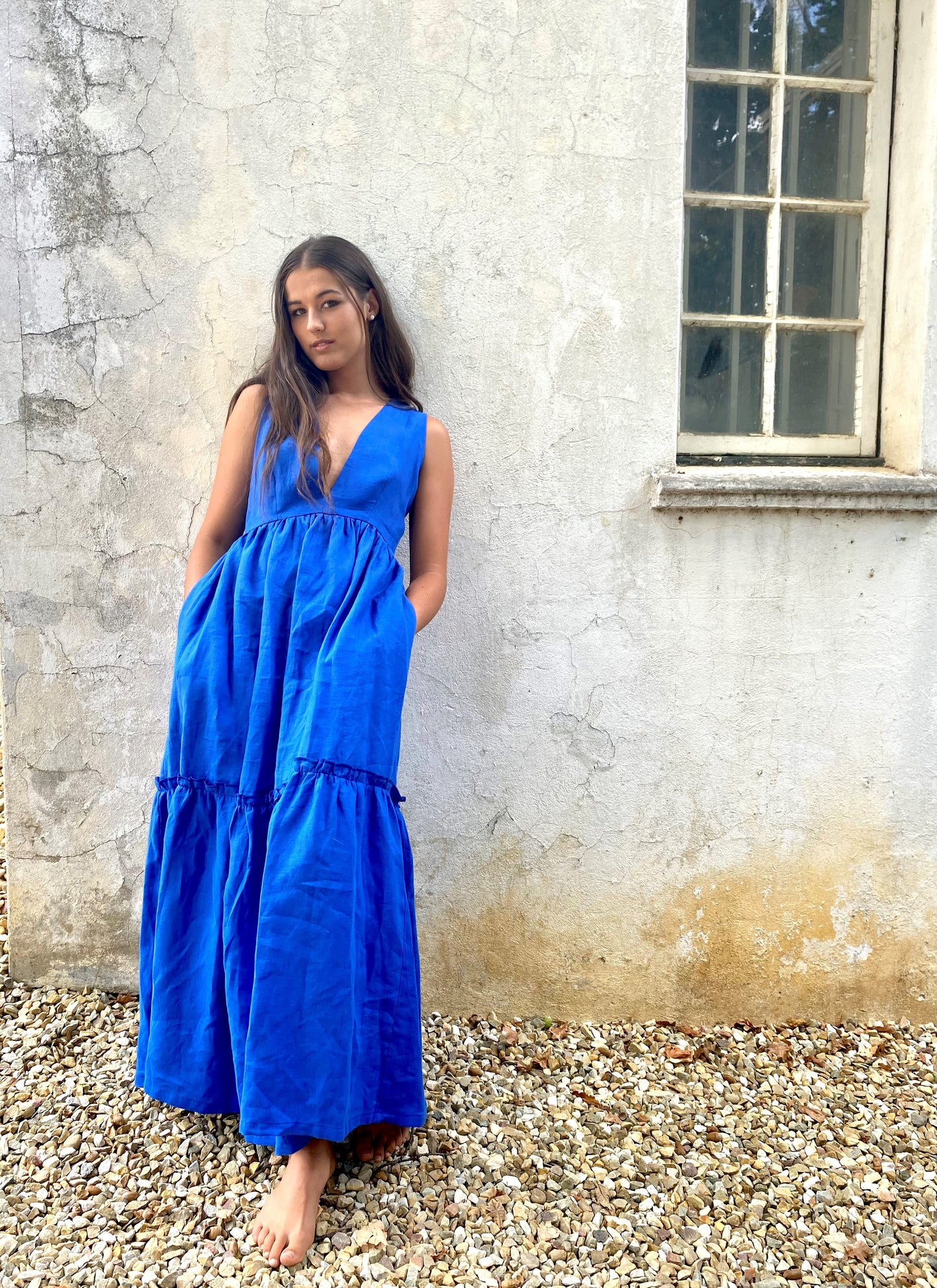Alecia Long Tier Dress - Linen - Cobalt Crush