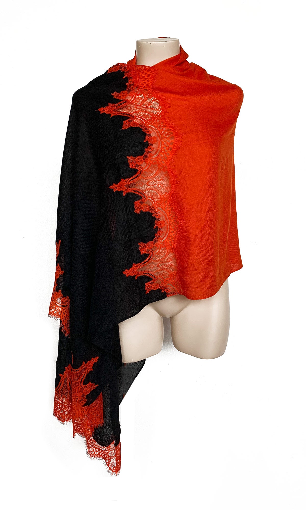 Cashmere pashmina with lace insets - Orange