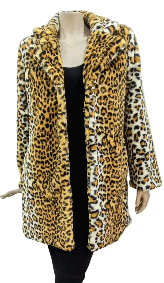 Leopard print fur coat on a mannequin against a plain background