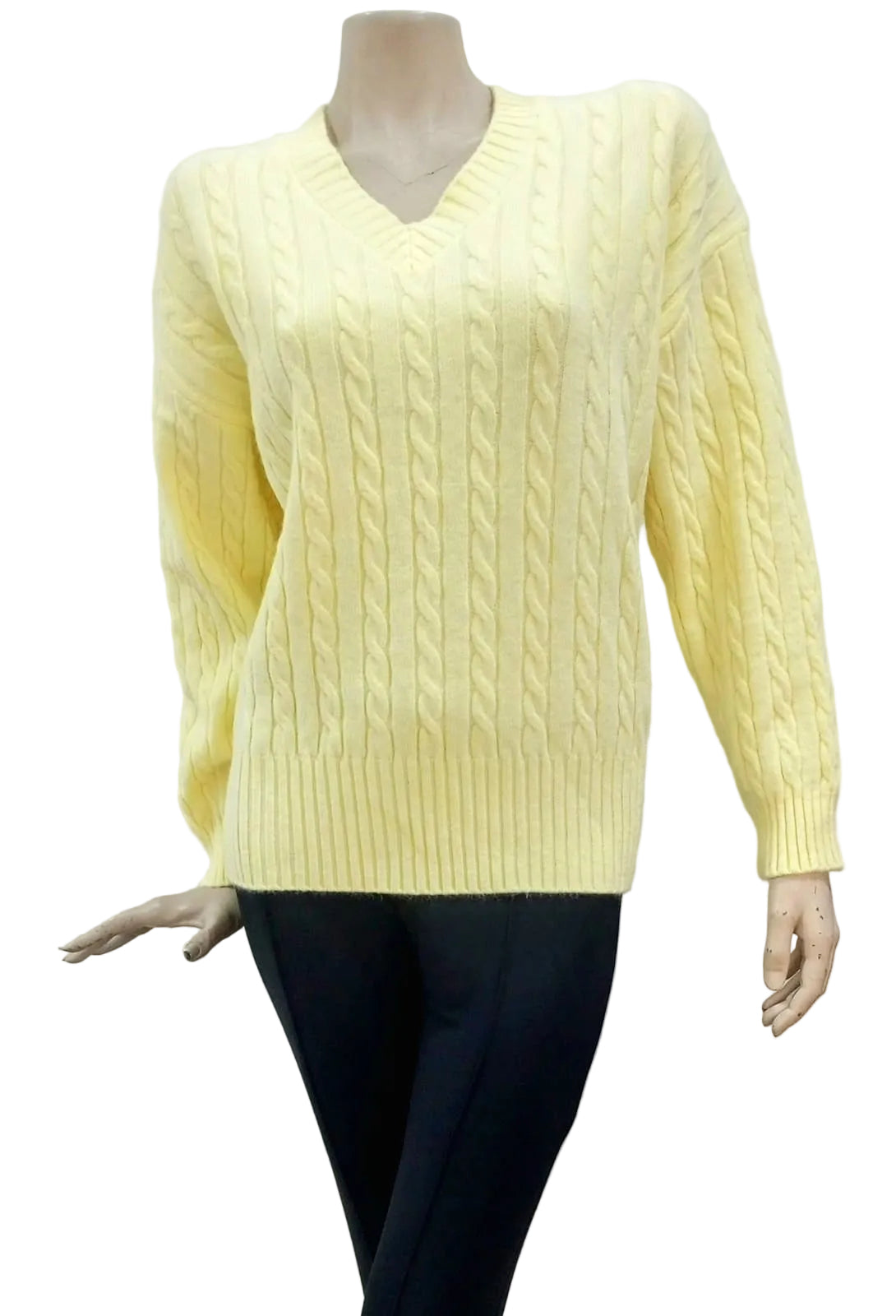 Butter yellow cable knit sweater on a mannequin against a plain background