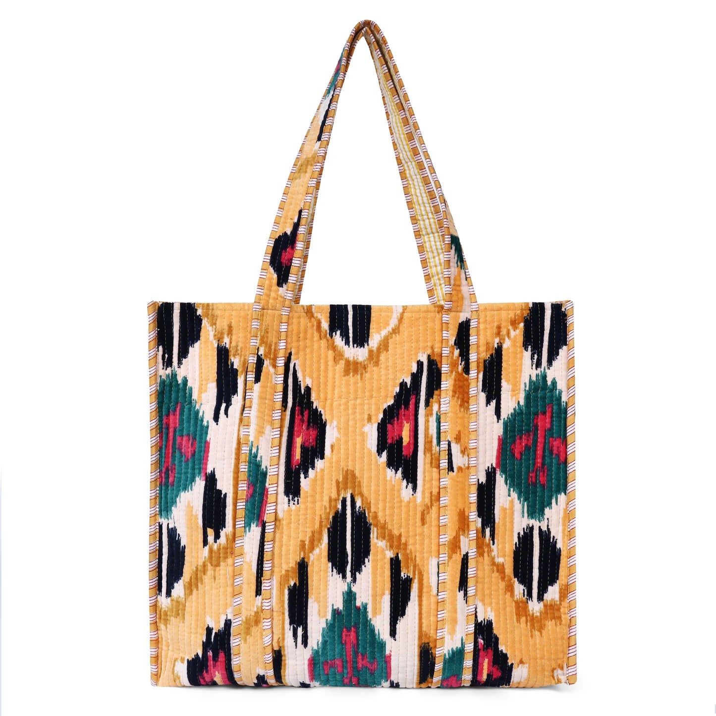 Tote bag with a colorful geometric pattern on a orange background