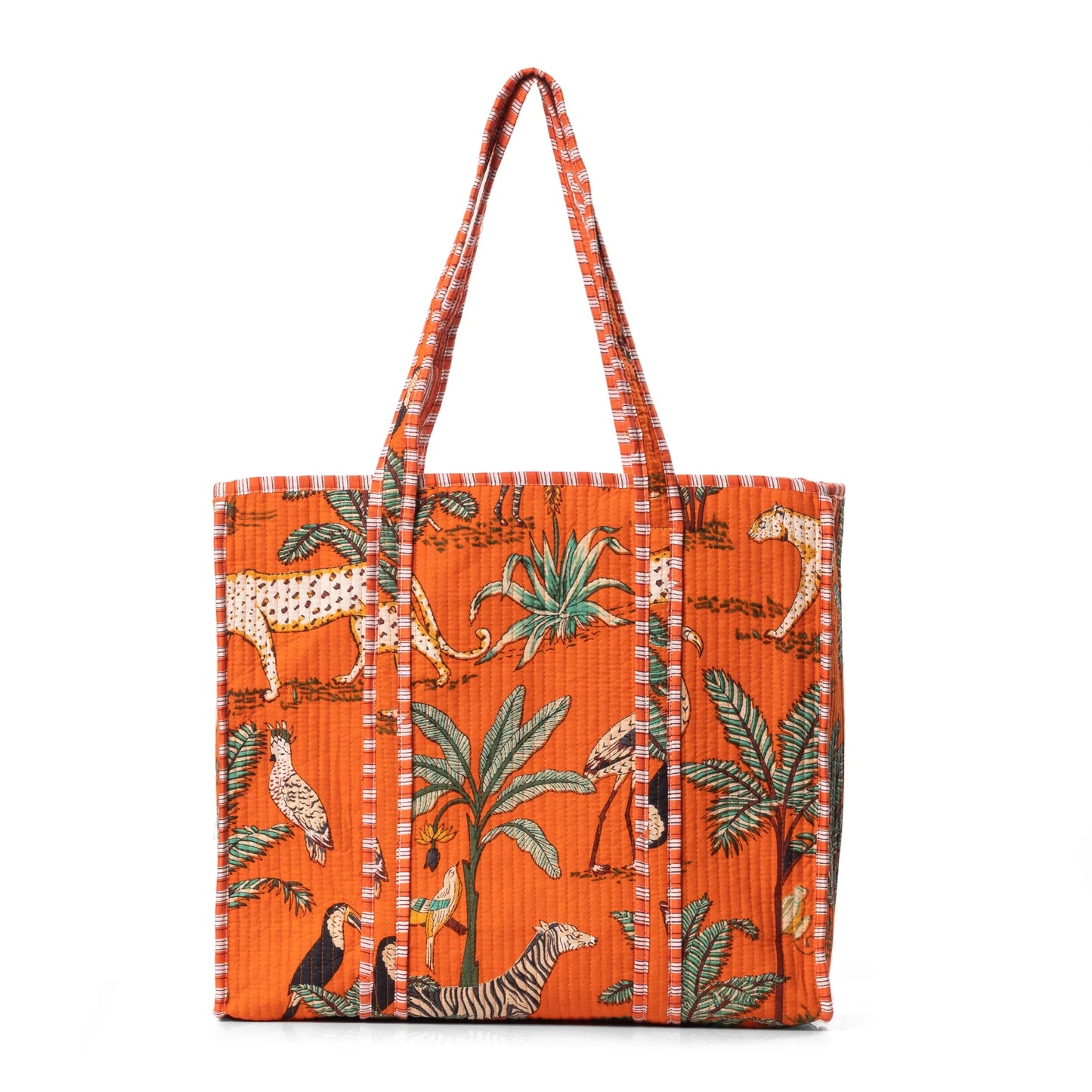 Tote bag with a colorful animal pattern on an orange background