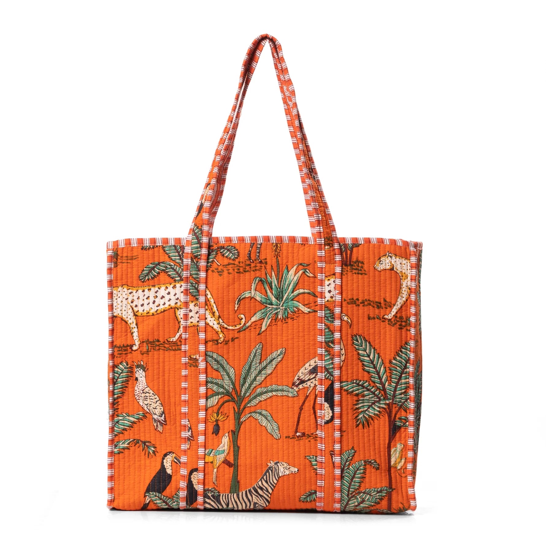 Tote bag with a colorful animal pattern on an orange background