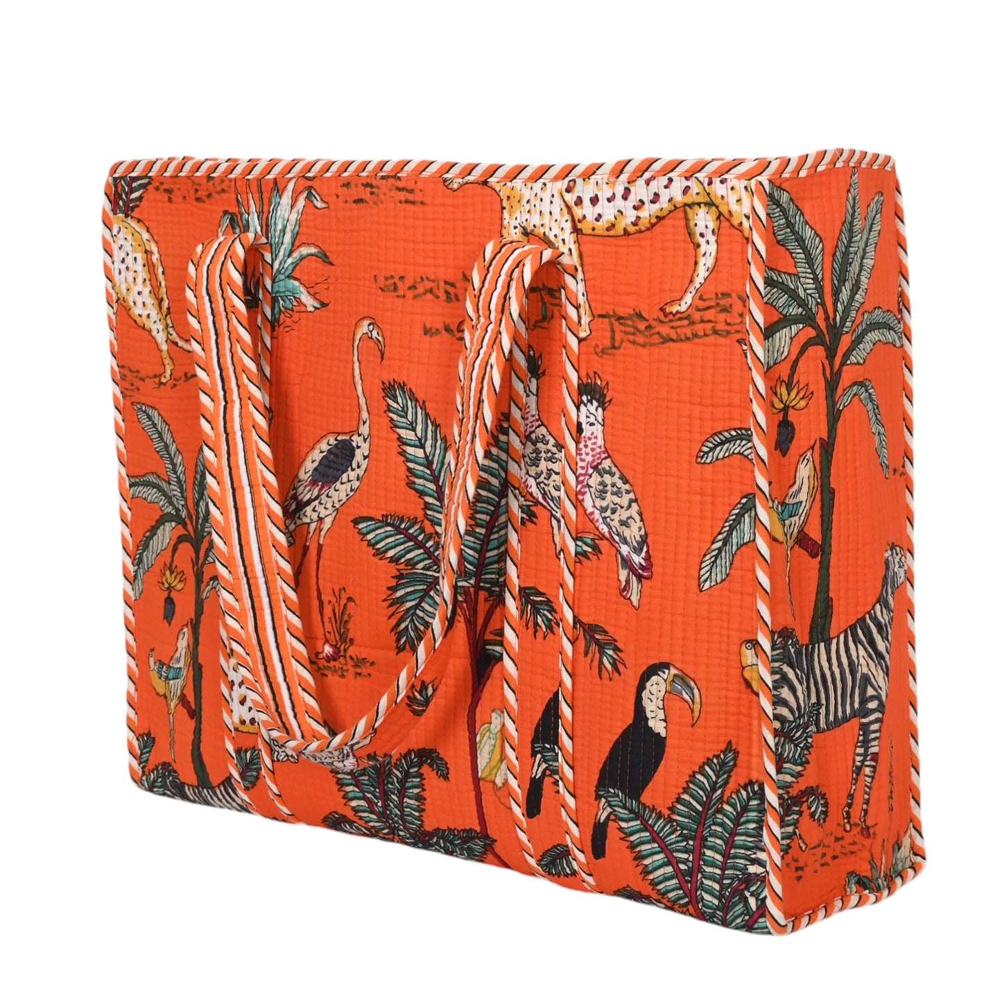 Tote bag with a colorful animal pattern on an orange background