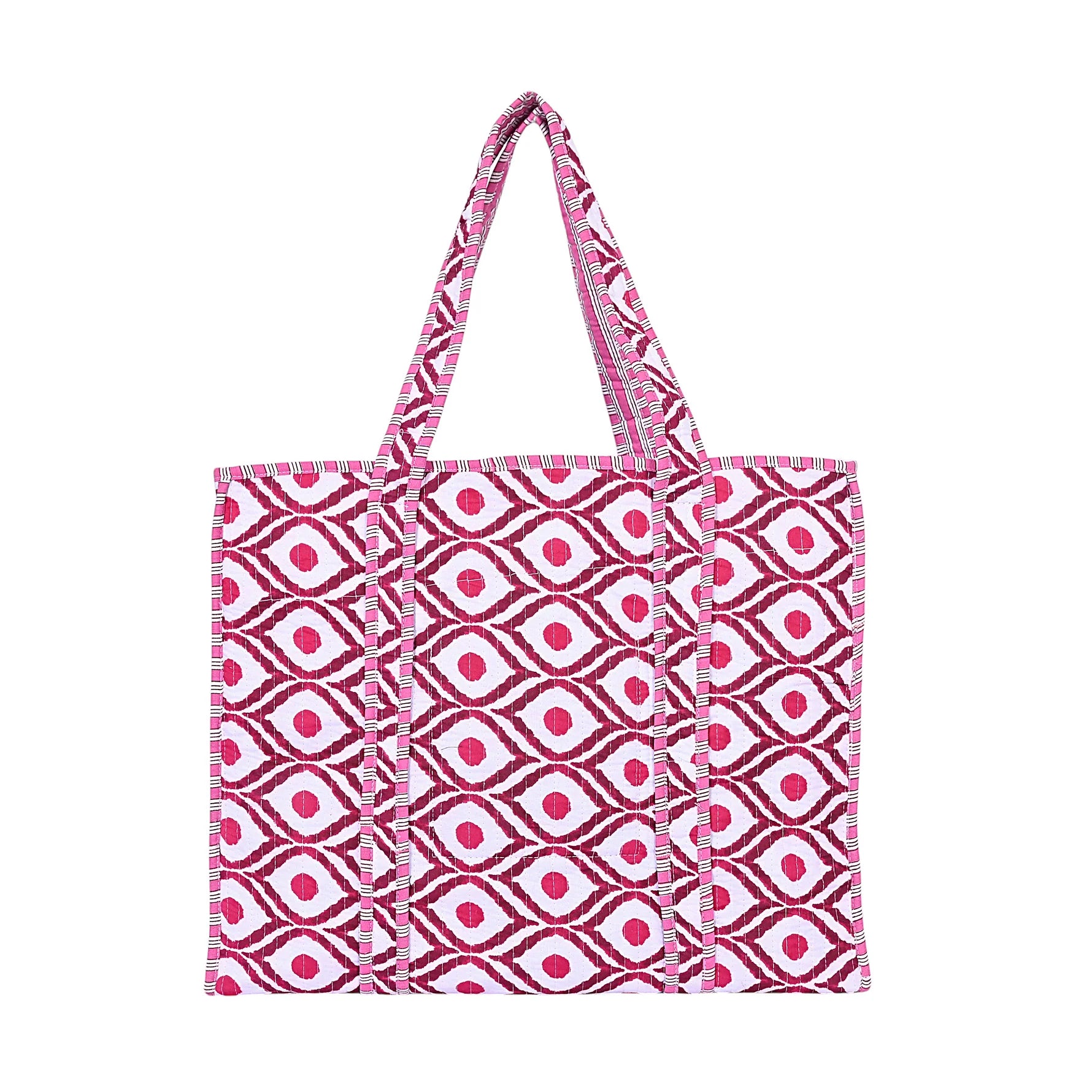 Reusable shopping bag with pink and white geometric pattern on a white background