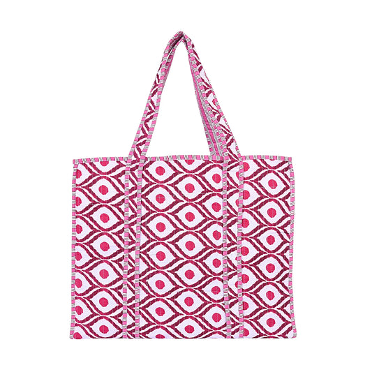Reusable shopping bag with pink and white geometric pattern on a white background