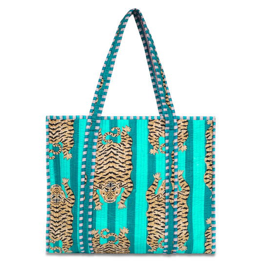 Tote bag with tiger pattern on a turquoise background