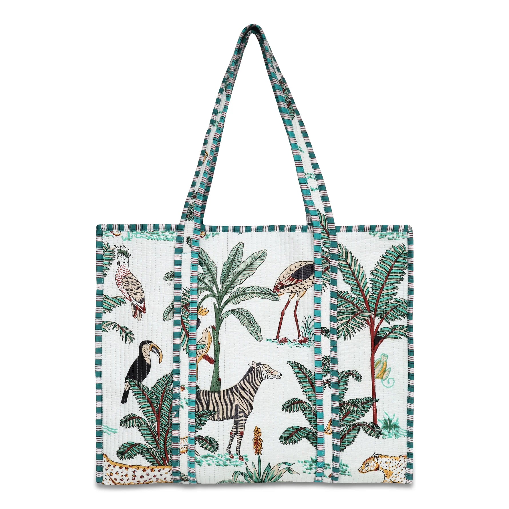 Tote bag with a tropical animal pattern on a white background