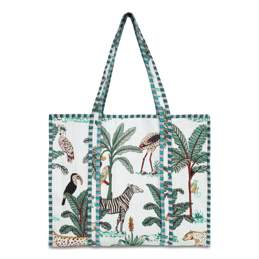 Tote bag with a tropical animal pattern on a white background
