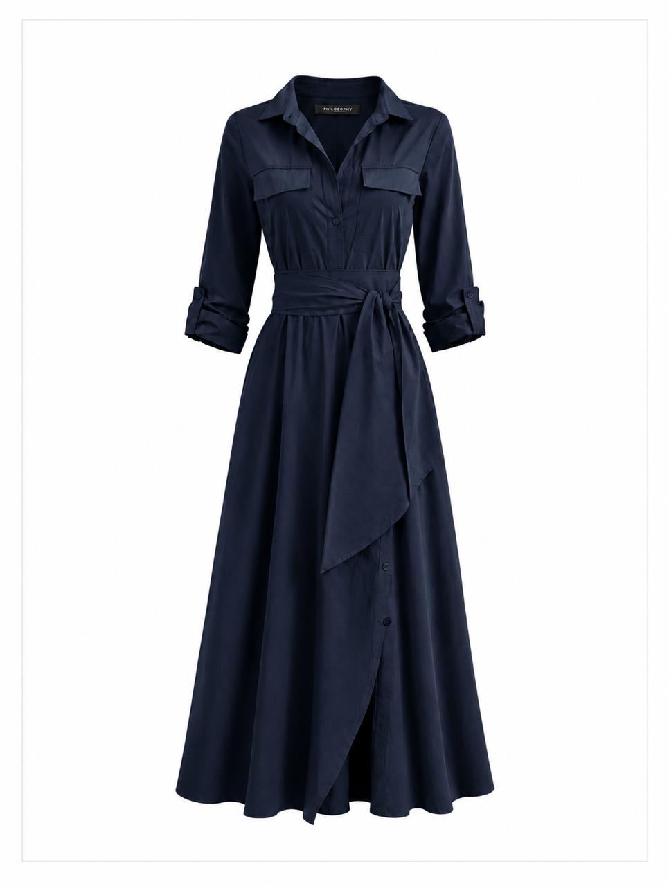 Navy blue shirt dress with a belt on a white background