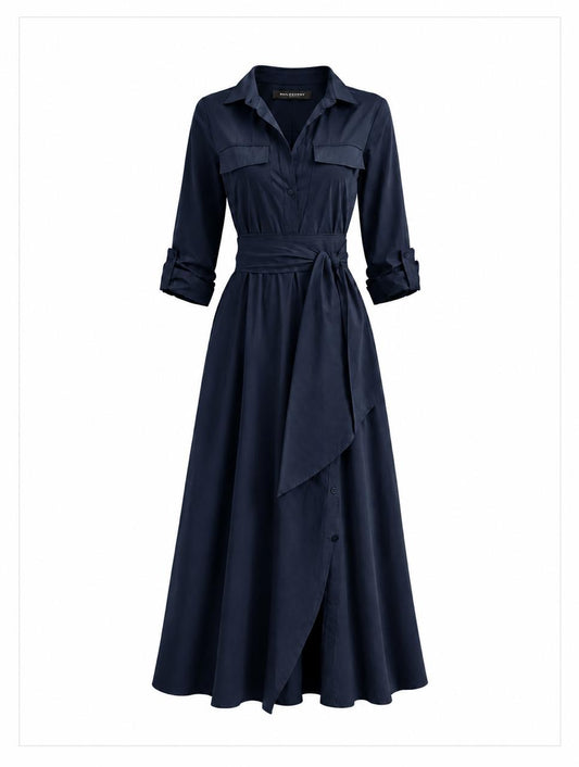 Navy blue shirt dress with a belt on a white background