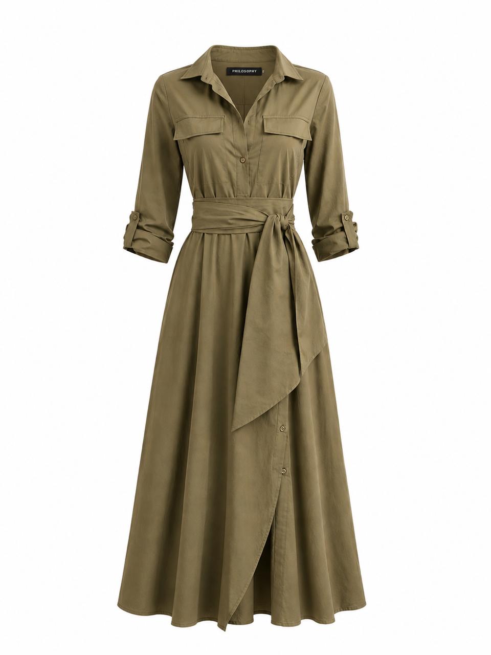 Olive green dress with a belt on a white background