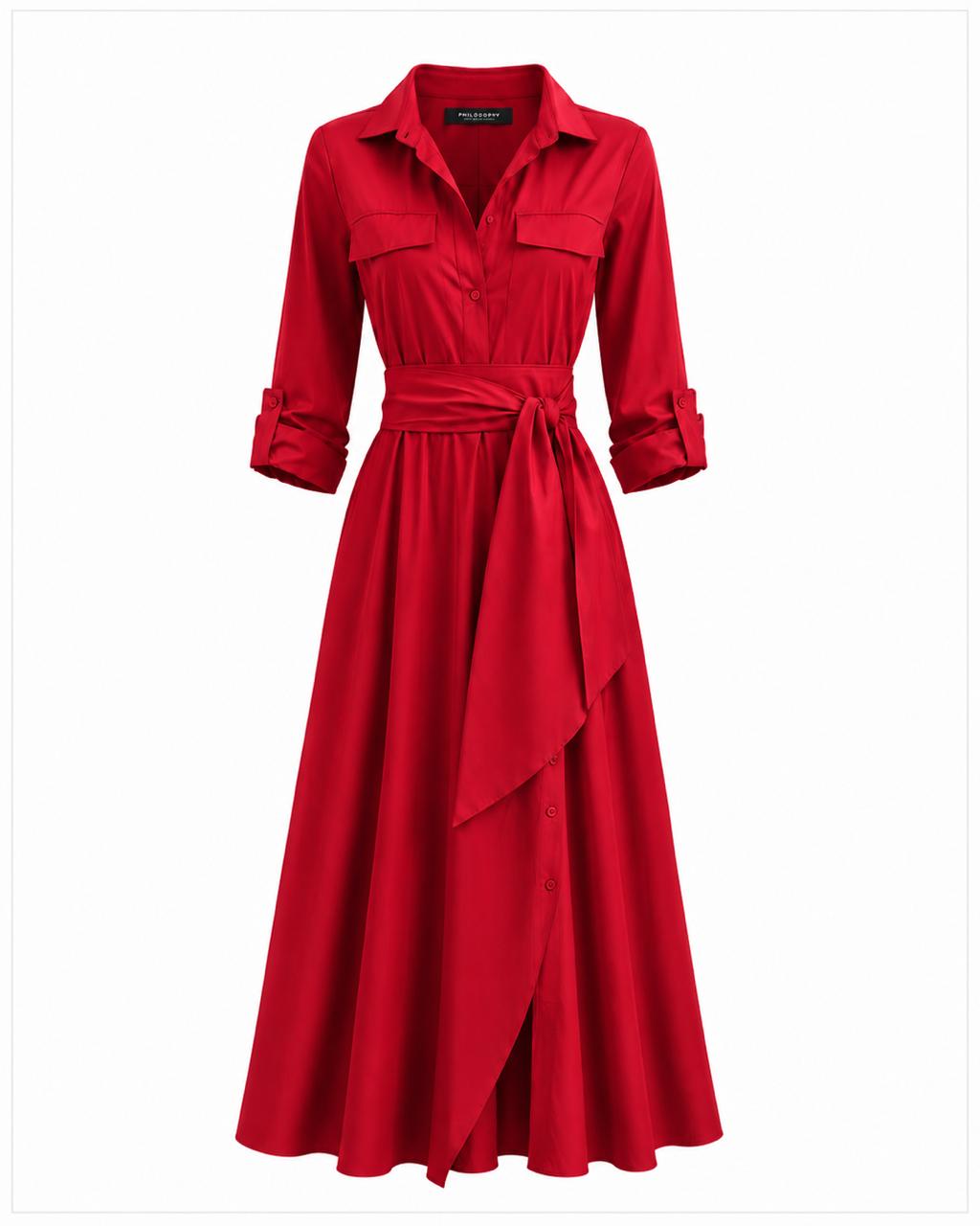Red shirt dress with a belt on a white background