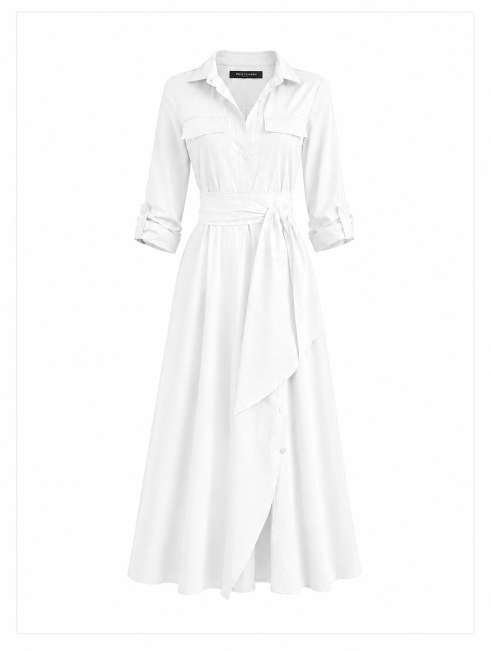 White shirt dress with a belt on a white background