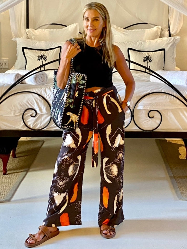 Electric Butterfly Silky Satin Straight Leg Pants