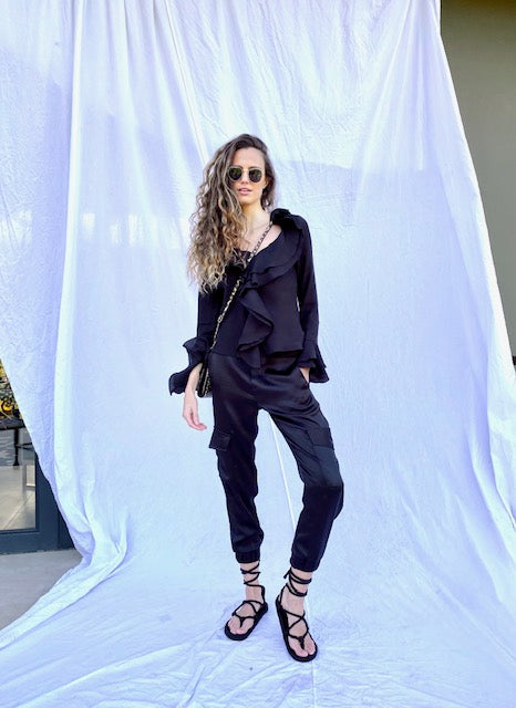 Satin Cargo Pants - Black