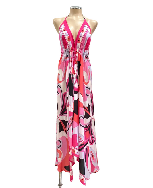 Mannequin wearing a colorful dress on a white background