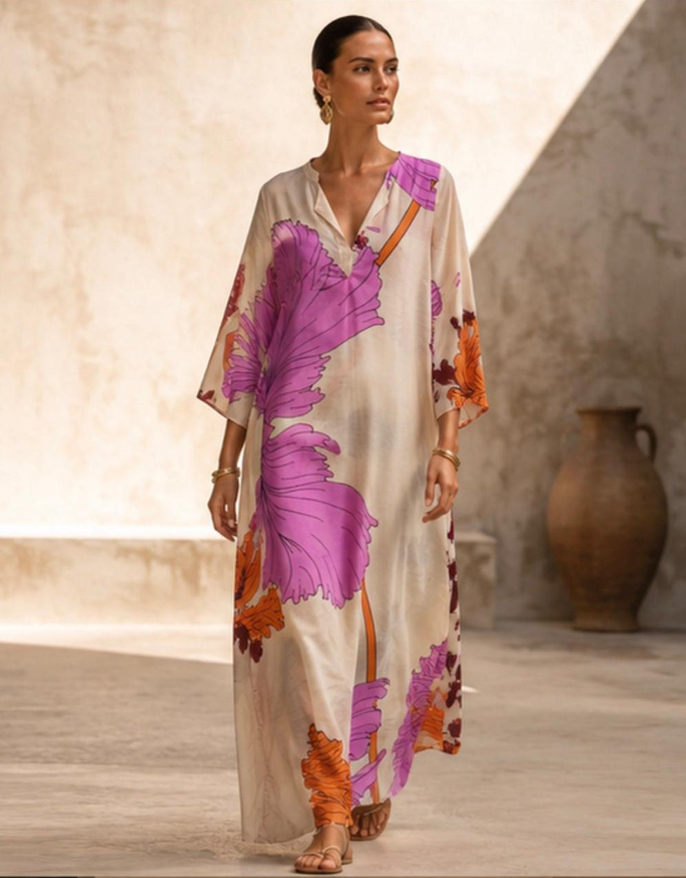 Pink and orange floral tunic with a cream background in a tranquil setting