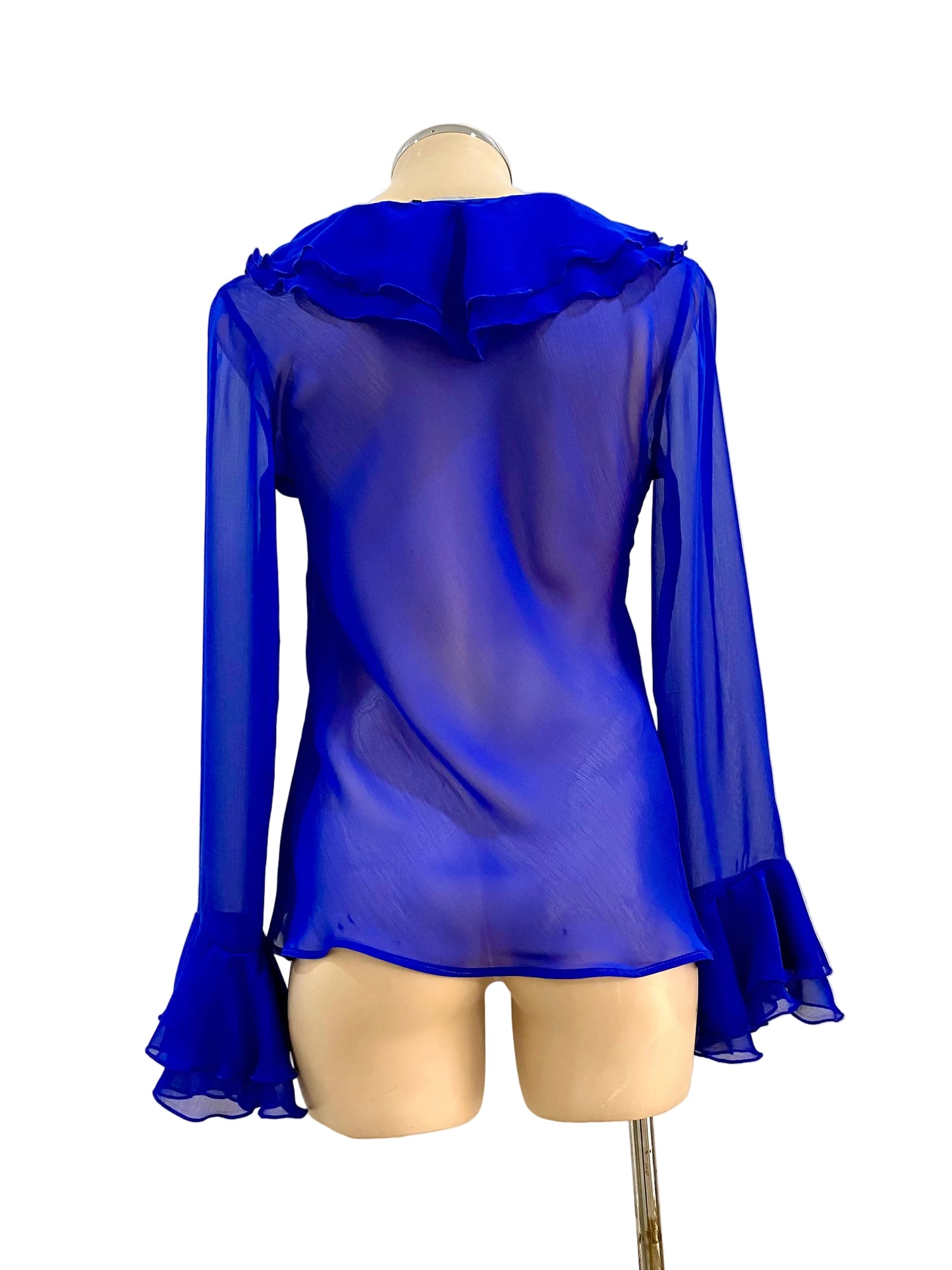 Blue sheer top with ruffles on a mannequin against a white background