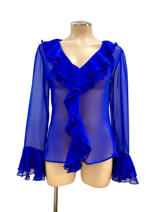 Blue ruffled blouse on a mannequin against a white background