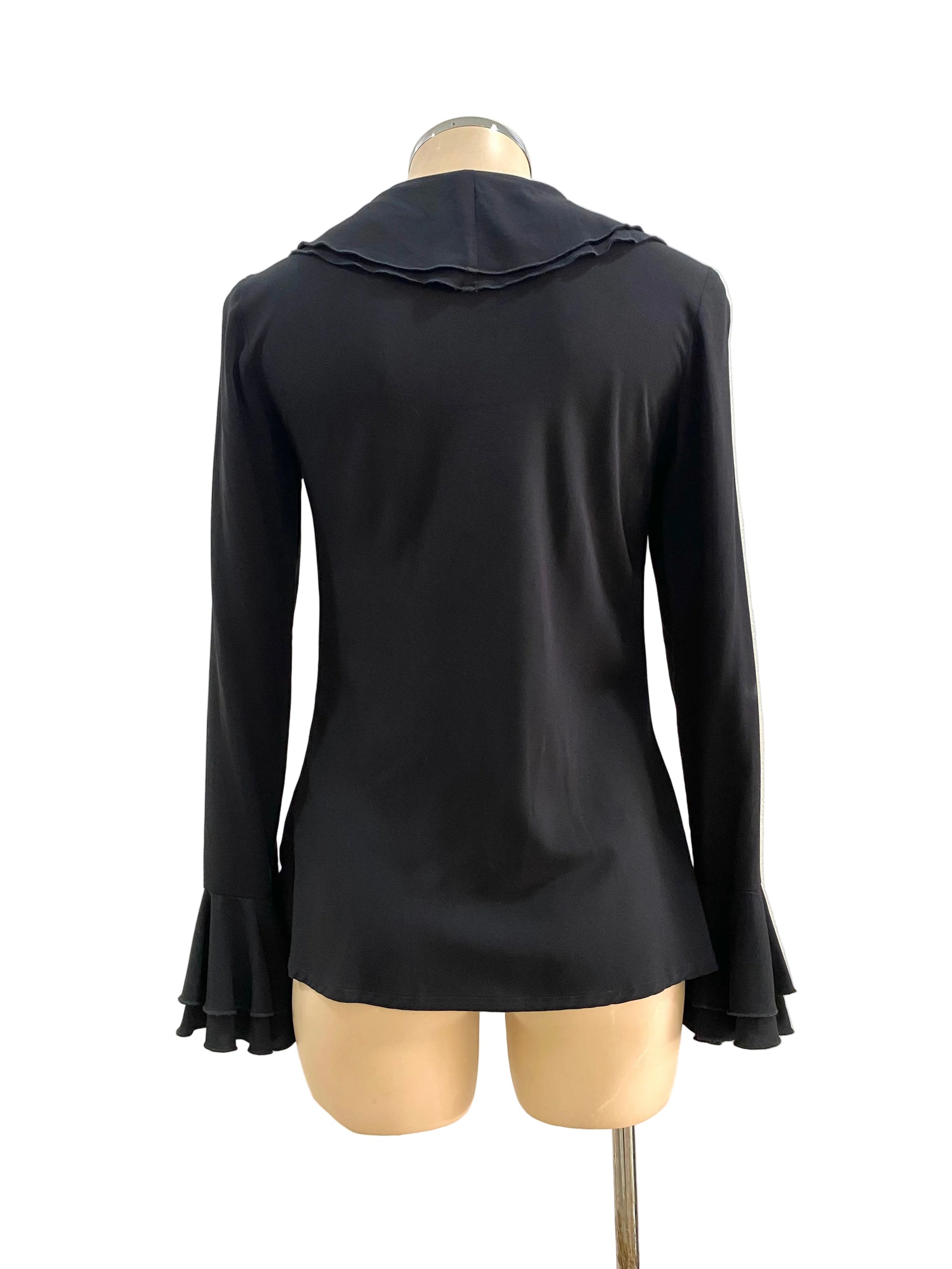 Black ruffled long-sleeve top on a mannequin against a white background