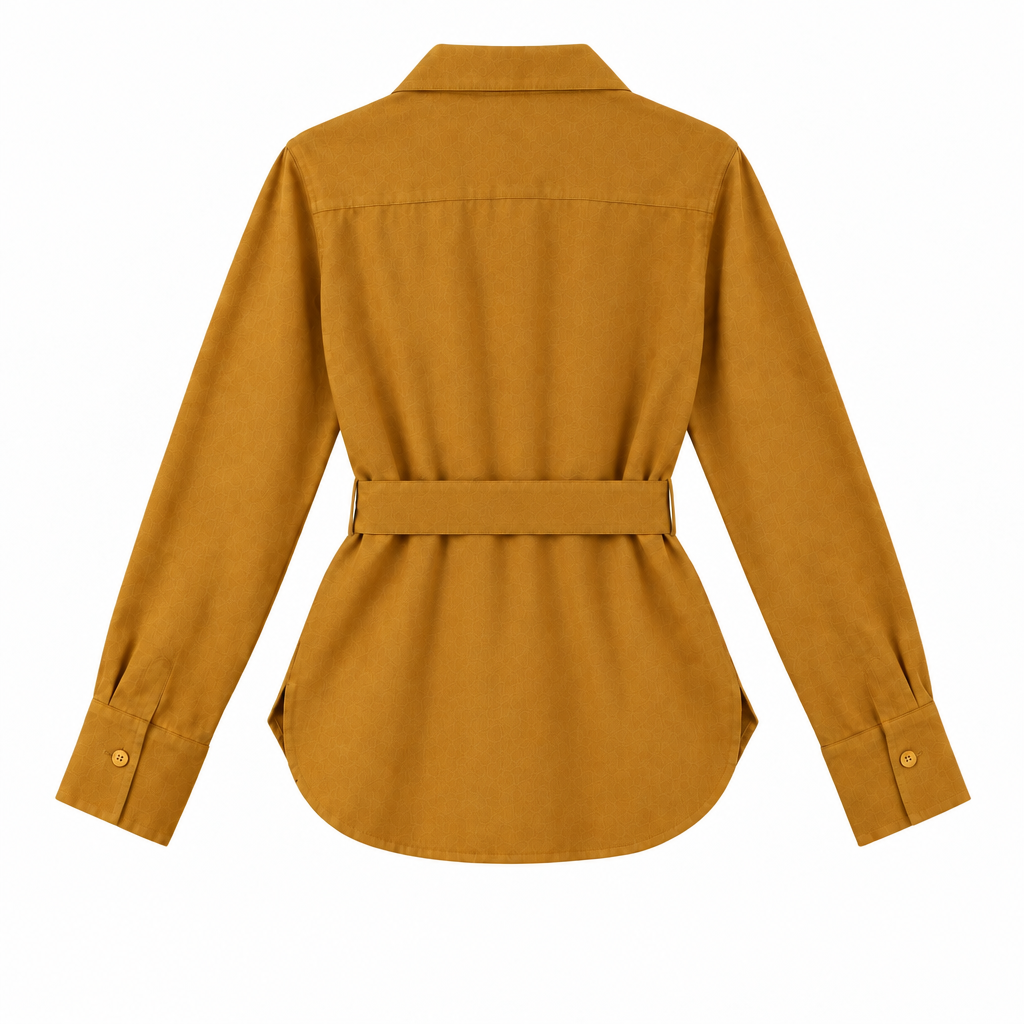 A mustard yellow long-sleeve button-up shirt with a matching tie belt, featuring two chest flap pockets, shown on a plain white background.