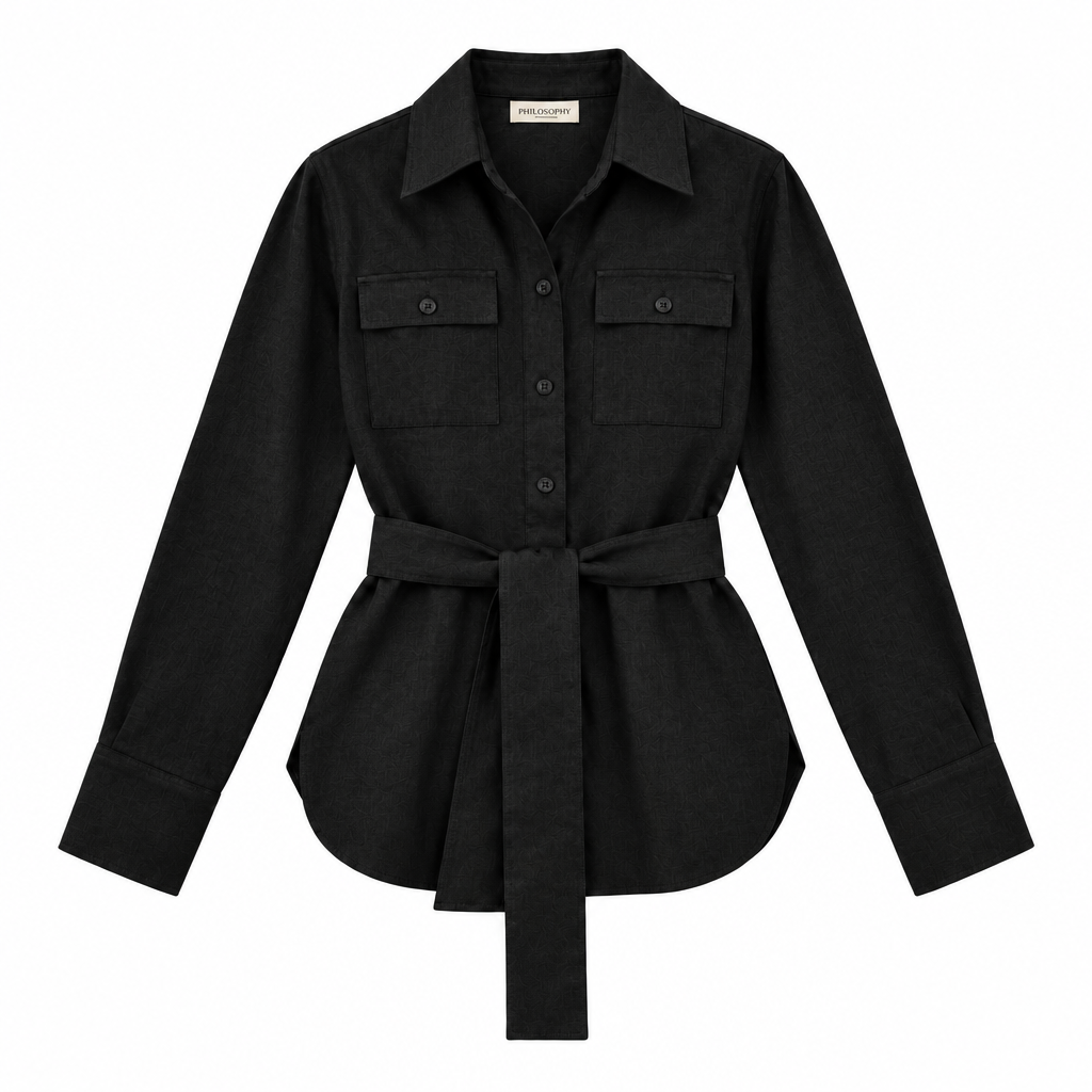 A black long-sleeve button-front shirt jacket with two flap chest pockets and a matching self-tie belt, shown on a plain white background.
