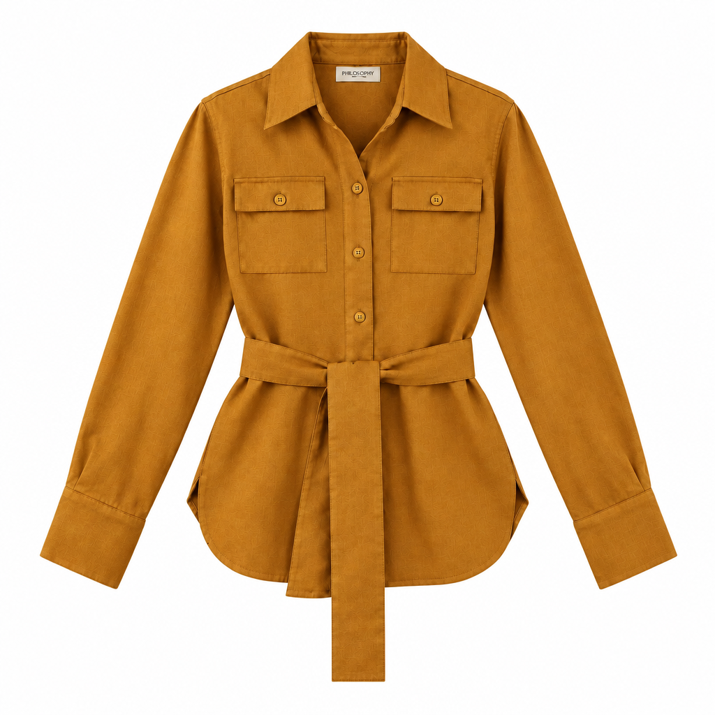 A mustard yellow long-sleeve button-up shirt with a matching tie belt, featuring two chest flap pockets, shown on a plain white background.
