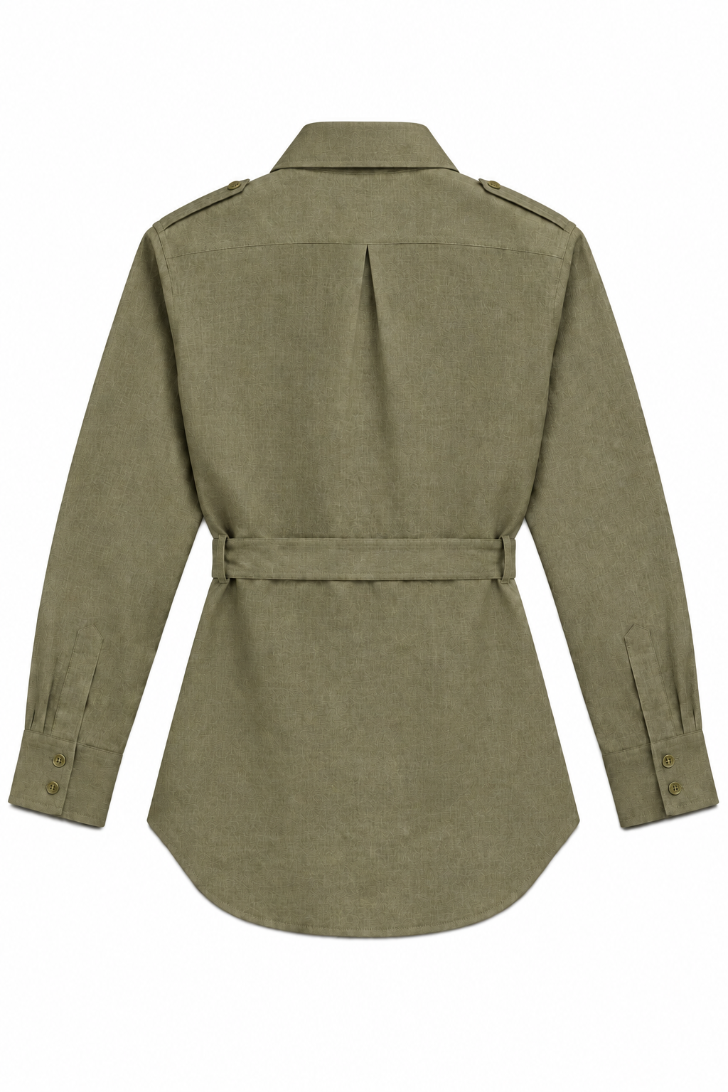 An olive green long-sleeve shirt jacket shown from the back, featuring shoulder epaulets and a matching waist belt, laid flat against a white background.