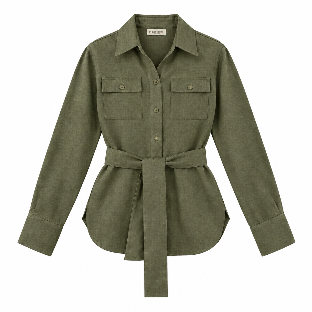 An olive green long-sleeve button-up shirt with a matching waist tie belt, featuring two buttoned chest pockets, shown on a plain white background.