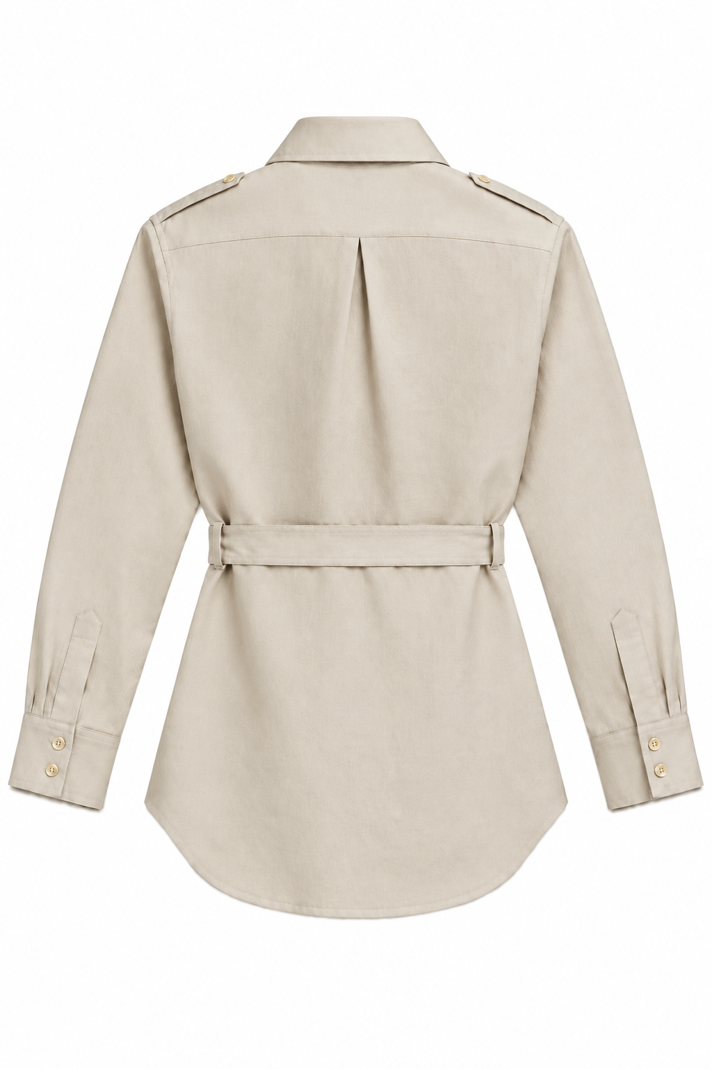 A light stone long-sleeve shirt jacket shown from the back, featuring a self-tie belt at the waist, shoulder epaulets, and buttoned cuffs, set against a plain white background.