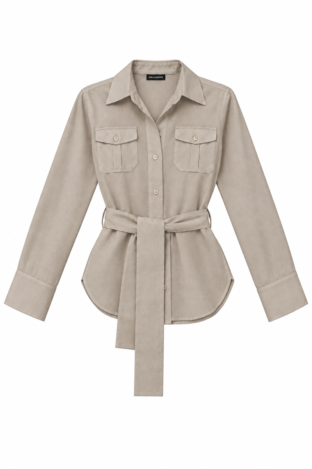 A light beige long-sleeve button-up shirt with a matching waist tie belt, featuring two buttoned chest flap pockets, shown on a plain white background.