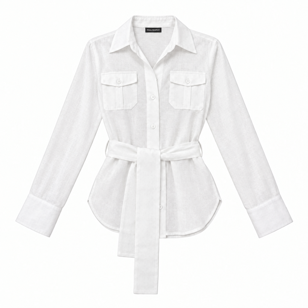 An white linen long-sleeve shirt jacket with a matching waist tie belt, featuring two buttoned chest flap pockets and a pointed collar, shown on a plain white background.