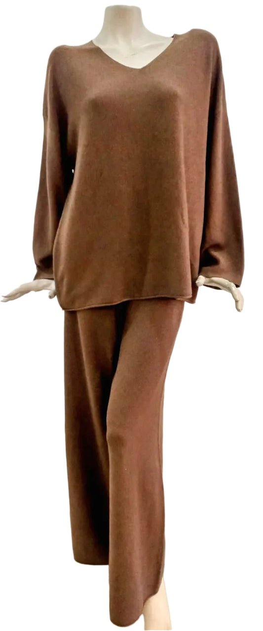 Chocolate Monterey V Neck track top and pants outfit against a white wall