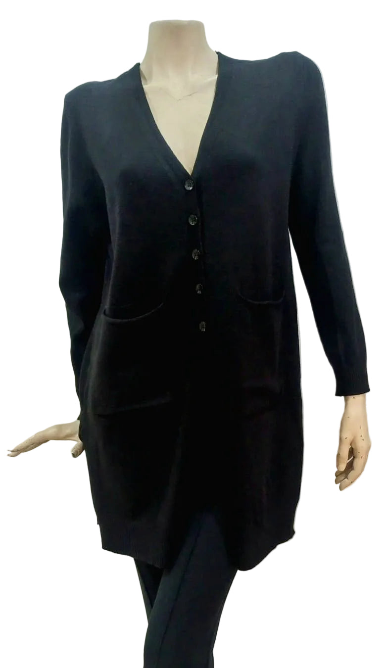 Black cardigan on a mannequin against a white background