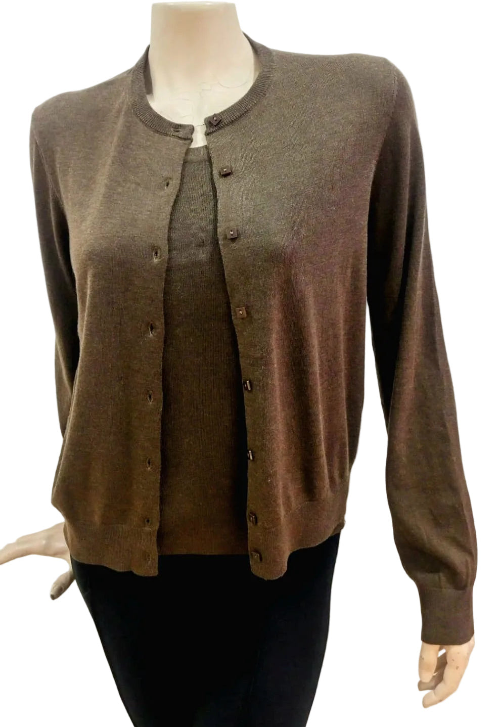 Brown cardigan and cami on a mannequin against a white background