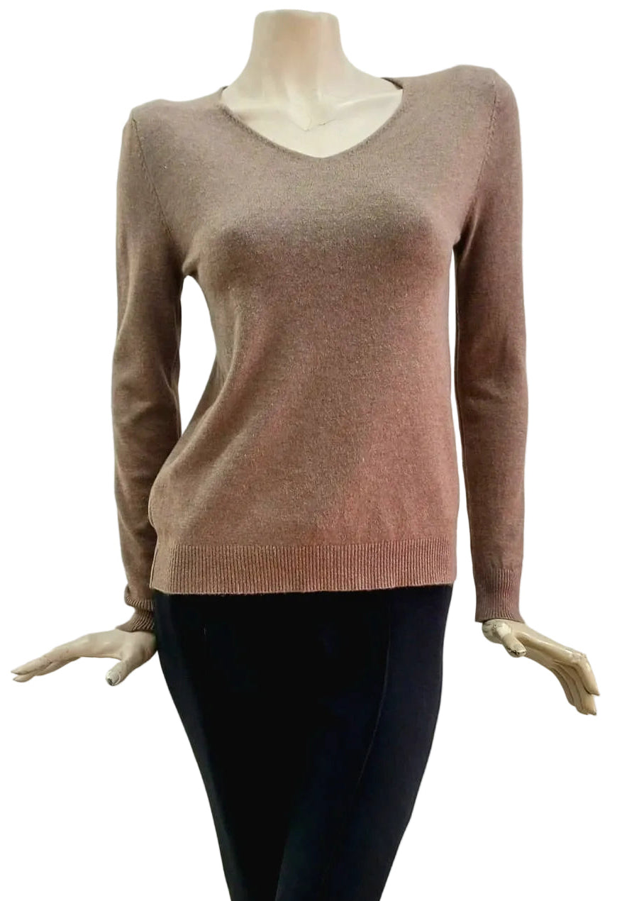 Mocha V Neck sweater on a mannequin against a white background