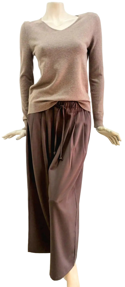 Chocolate wide-leg pants with pleated detail against a white wall.