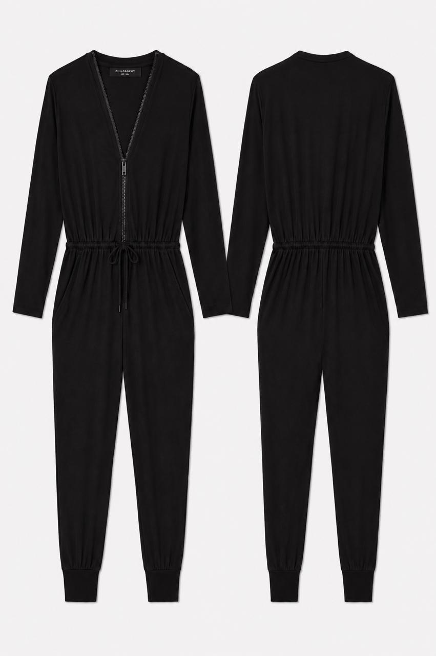 Black jumpsuit shown from front and back on a white background