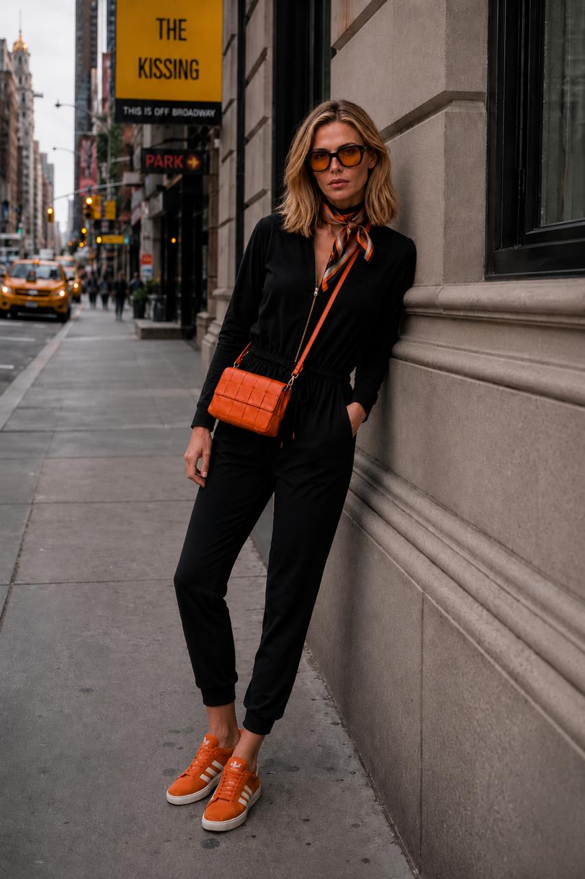 Woman in black jumpsuit outfit with orange shoes and handbag standing on a city street.
