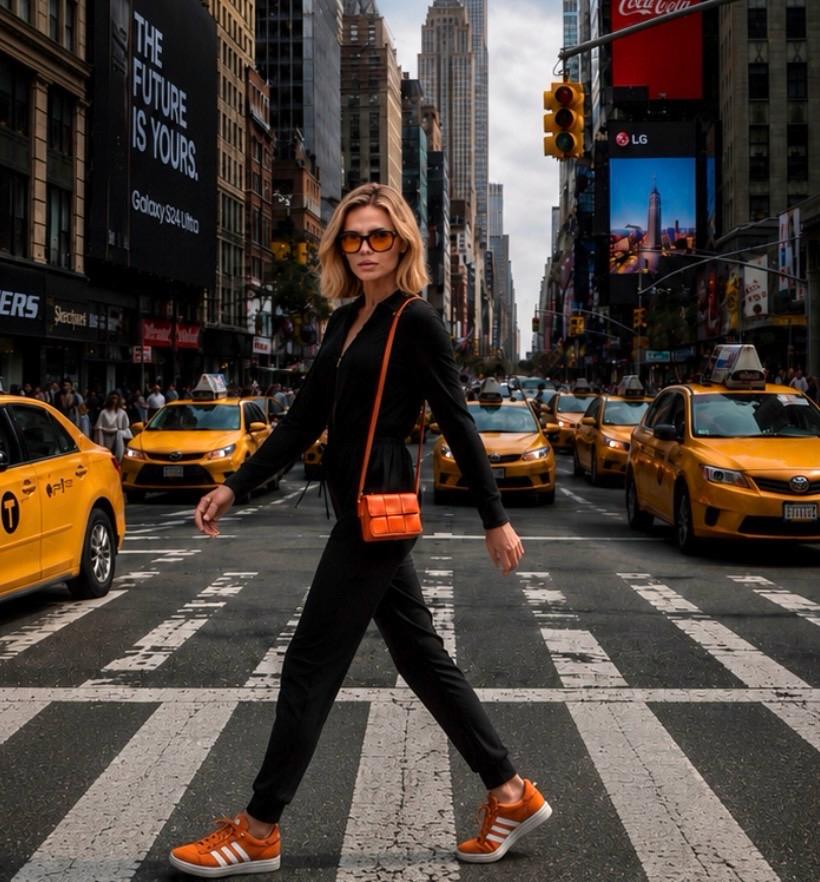 Woman wearing a black jumpsuit crossing a busy city street with taxis