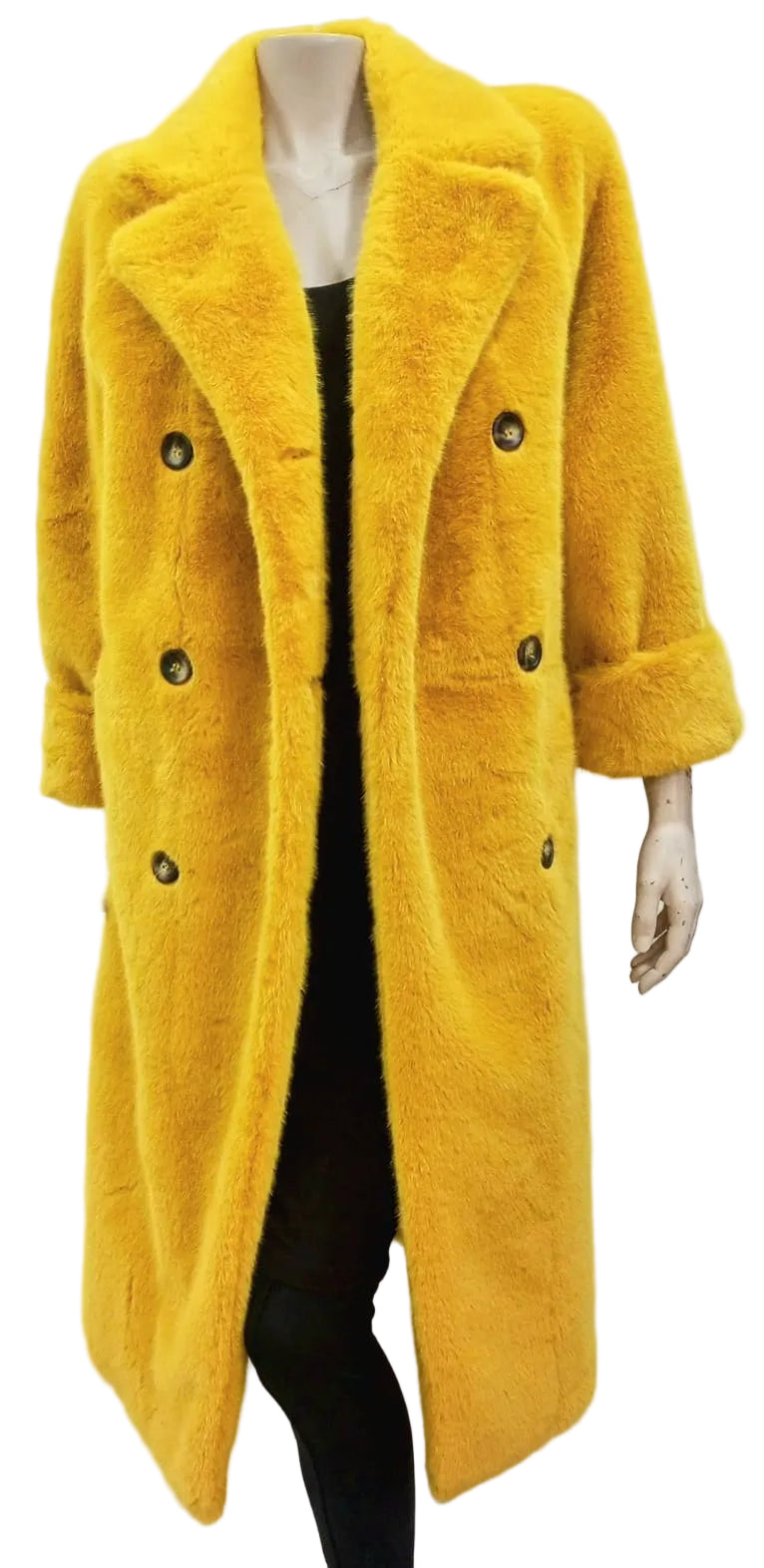 Yellow luxe fur coat on a mannequin against a white background