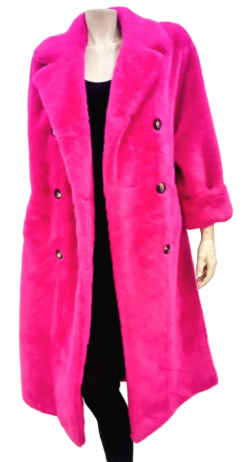 Cerise pink lux fur coat with black buttons on a white background