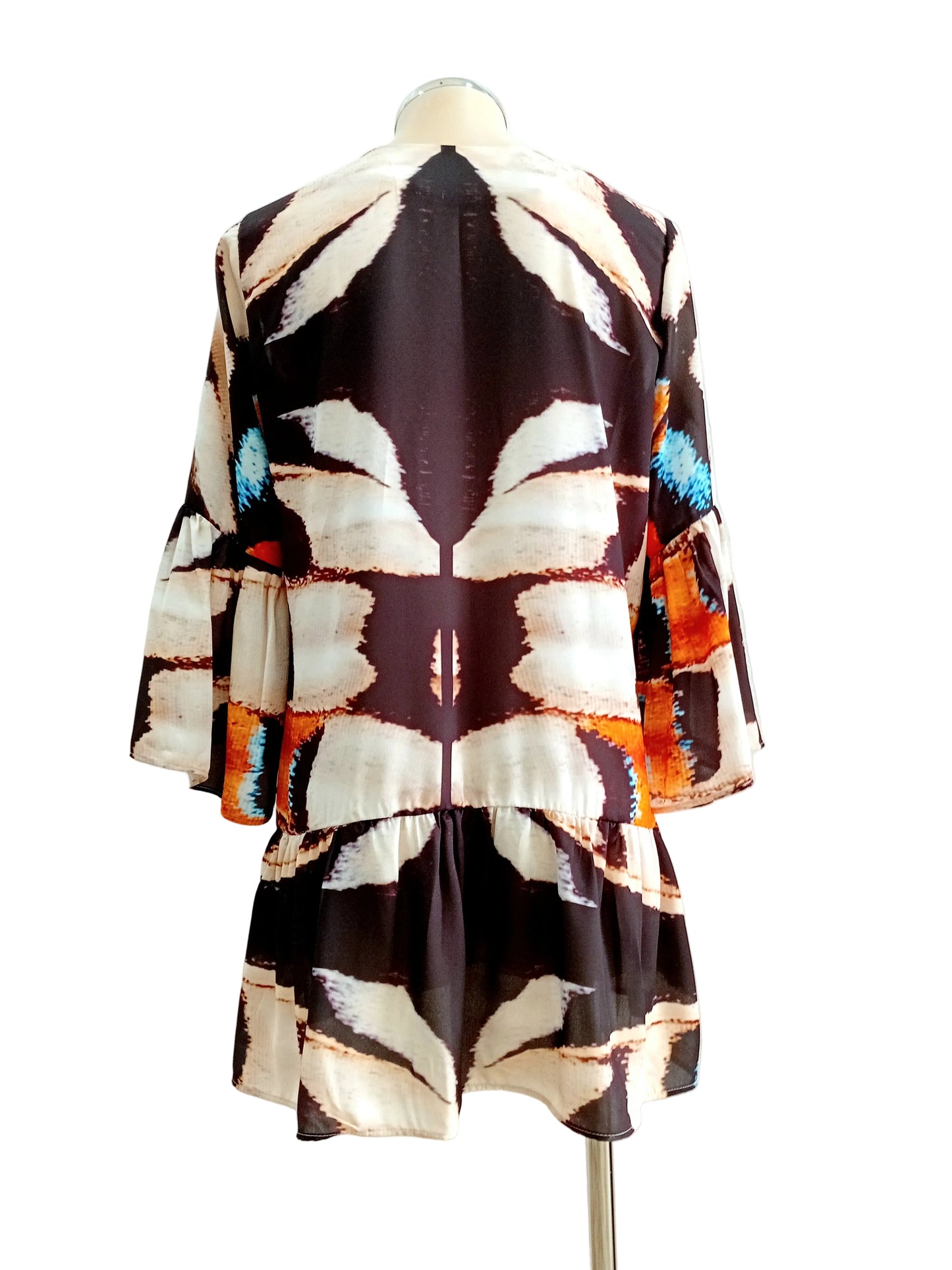 Colorful patterned Zen Butterfly printed dress against a white background