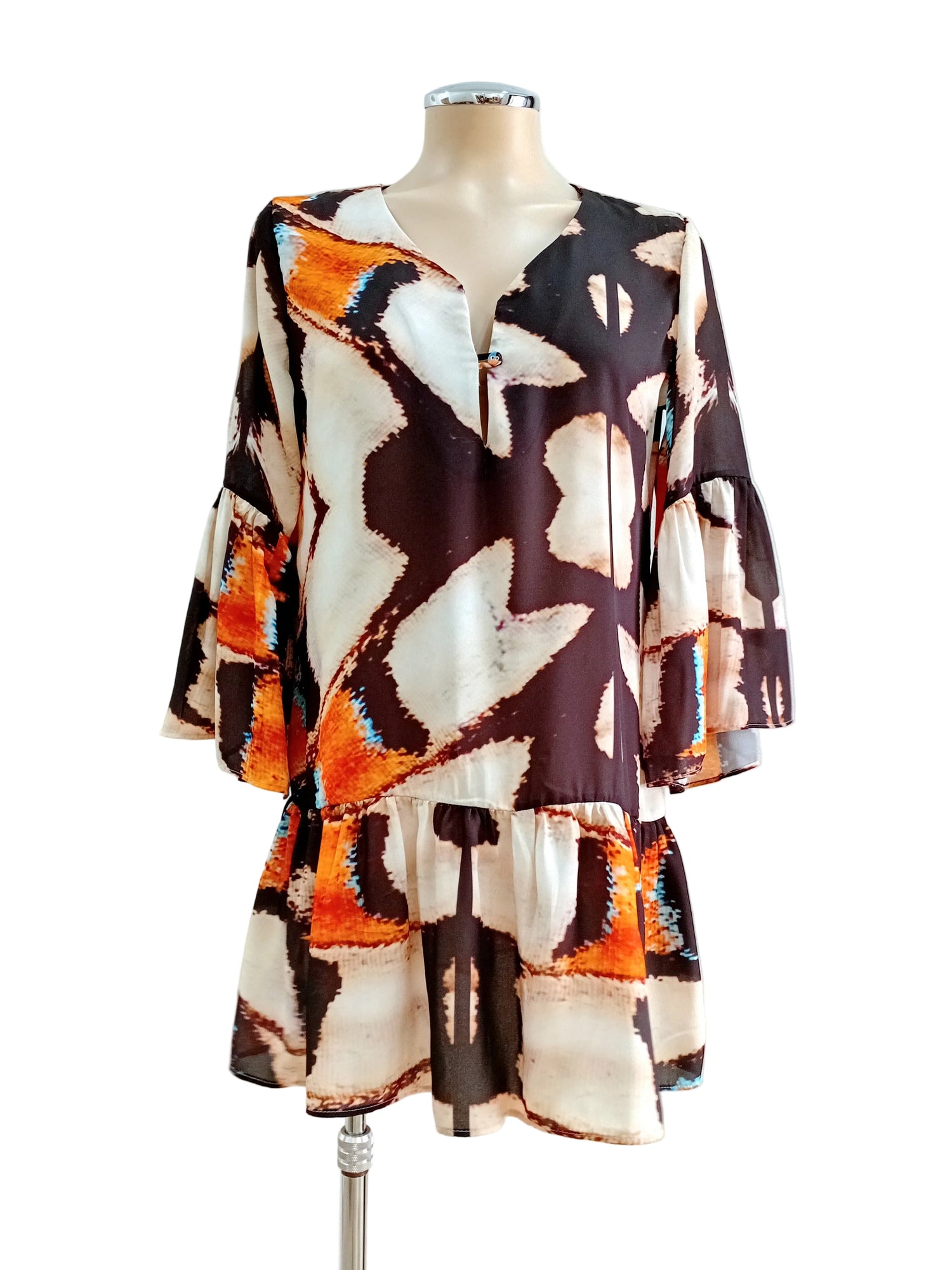 Colorful Zen Butterfly patterned dress against a light background