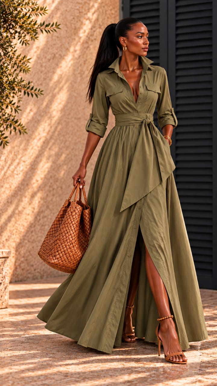 Cotton Shirtwaister Long Olive